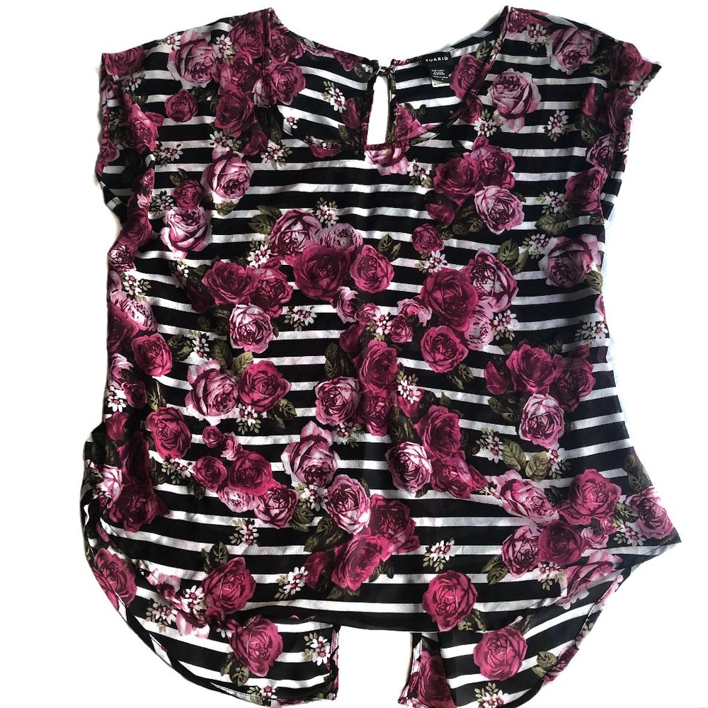 Torrid rose and b&w stripe open back sheer top